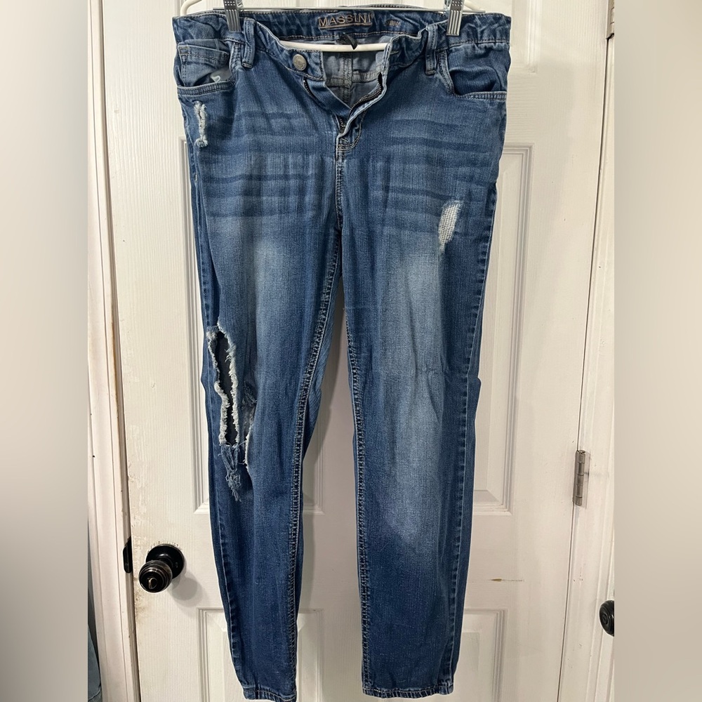 Massini Distressed Skinny Jeans in Blue Wash